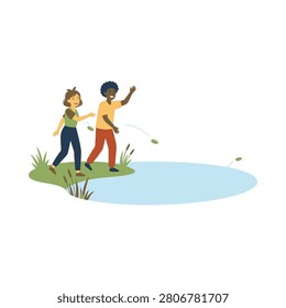 Joyful children playing outdoors and throwing stones into a calm pond water vector set illustration.