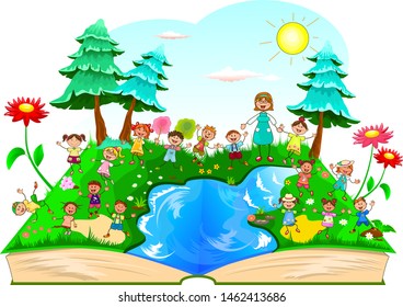 Joyful children for a walk in nature. Children on a walk outside the city. Joyful little kids and a teacher. Forest, lake, flowers, grass. Nature, landscape. Sky, sun, clouds. Opened book.