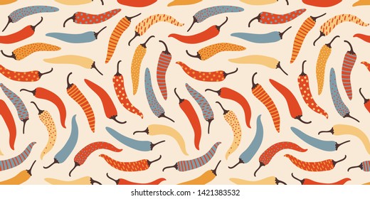 Joyful chilli peppers pattern, seamless vector repeat. Nice colors, varied textures, simplified shapes. Great for arty backgrounds, wallpapers, packaging and apparel design etc.
