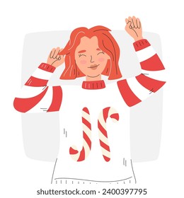 Joyful christmas female character. Young girl having fun in ugly sweater with couple of candy canes. Cute personage portarit concept design. Red haired happy woman hand drawn flat vector illustration