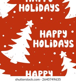 Joyful Christmas new year holiday design features white trees and cheerful greetings happy holidays on a red background. vector illustration