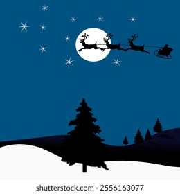 A joyful Christmas night shows Santa in his sleigh, reindeer soaring under a glowing full moon. Below lies a snowy world with tall pines and gentle hills. Blue hues add calm holiday cheer.