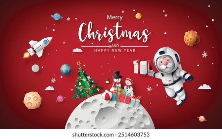 A joyful Christmas space theme with astronaut characters, planets, tree, and presents set on a red festive background.

