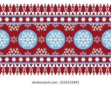 Joyful Christmas-themed seamless pattern with holiday motifs, snowflakes, blue snowball, trees. greeting cards, winter wallpapers, and creating a cheerful holiday ambiance with seasonal elements