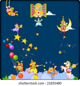 Joyful Circus and Cute Pierrot - enjoy happy and funny clowns with marionette puppet show at the fantastic circus festival isolated on beautiful blue night background : vector illustration