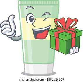 joyful cleansing foam cartoon character with a big gift box