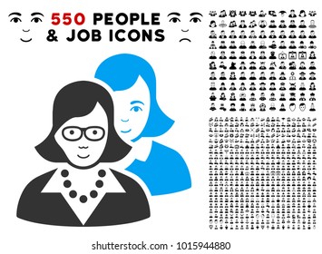 Joyful Clever Women vector pictograph with 550 bonus pitiful and glad user design elements. Human face has joy sentiment. Bonus style is flat black iconic symbols.