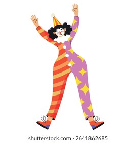 Joyful clown with curly hair, a red nose, and a vibrant costume, raising hands in celebration. Isolated character on white background.