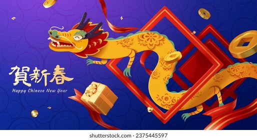 Alegre pancarta de dragón de CNY. Majestuoso dragón volando a través de marco rojo con cinta, monedas doradas y regalo alrededor de fondo turbulento azul oscuro. Traducción de texto: Feliz Año Nuevo Chino.