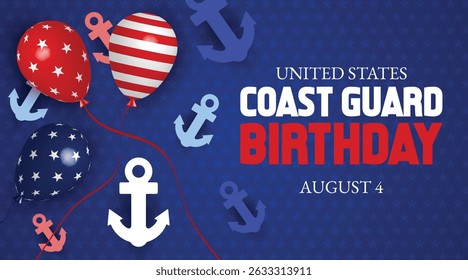 Joyful Coast Guard Day design with bright balloons, anchor symbols, and vibrant colors. Perfect for honoring military service on August 4.