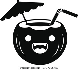 Joyful coconut drink character, complete with an umbrella and straw. Tropical beverage illustration, ideal for a coloring book for kids. Summer fun.