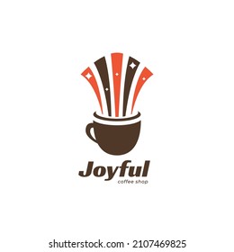 Joyful coffee shop logo with mug and rainbow icon