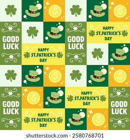 A joyful collage pattern celebrating St. Patrick's Day, featuring colorful symbols like clovers, leprechaun hats, and coins, perfect for festive designs and decorations.