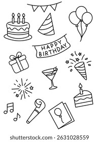 A joyful collection of hand-drawn birthday-themed illustrations including cakes, balloons, candles, gifts, and party elements. Ideal for greeting cards, invitations, and party decor.