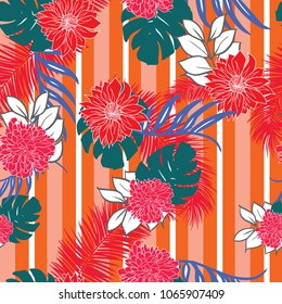 Joyful and colorful exotic hawaiian tropical flowers  retro style seamless pattern vector