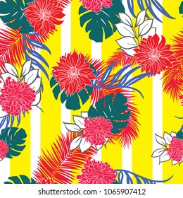 Joyful and colorful exotic hawaiian tropical flowers  retro style seamless pattern vector