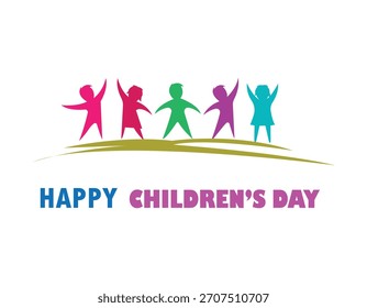 Eine fröhliche und farbenfrohe Grafik mit fünf abstrakten Silhouetten von Kindern, die mit erhobenen Armen zusammenstehen und Glück und Einheit symbolisieren und den "GLÜCKLICHEN KINDERTAG" feiern.