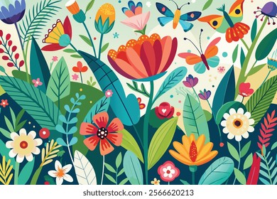 A joyful and colorful illustration showcasing a lush garden filled with various flowers, butterflies, and tropical foliage