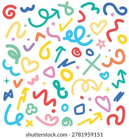 Joyful colorful rainbow doodle pattern background for birthday and celebration card design. Abstract hand drawn squiggles with various freeform shapes in trendy playful style. Bright multicolor seamless scribble texture element printable for wrapping paper banner and festive decoration.