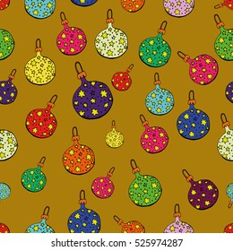 joyful colorful seamless pattern with Christmas balls. Funny , with a black outline hand-drawn. suitable for wrapping paper