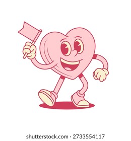 Personagem de desenho animado de coração rosa cômico alegre com ilustração plana de vetor contornado de bandeira. Feliz sorrindo como amor Mascote minimalista do Dia de São Valentim com símbolo de aviso de atenção emoção positiva