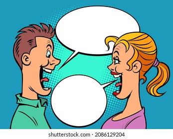 joyful communication of young man and woman, boyfriend and girlfriend talking