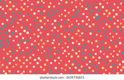 Joyful confetti pattern, perfect for backgrounds, textile designs, or celebratory projects.  Red base with scattered pastel dots creates a fun, playful vibe.