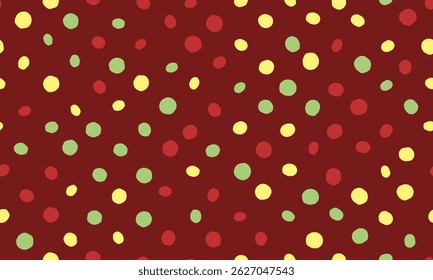 Joyful confetti pattern  Red, yellow, and green polka dots on a rich maroon background create a festive, celebratory design perfect for cards, websites, or wrapping paper.