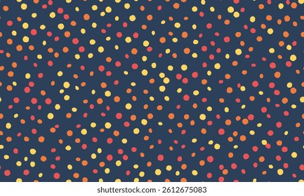 Joyful confetti scatter pattern.  Vibrant, handdrawn dots in warm colors on a deep blue background. Perfect for textiles, wrapping paper, website backgrounds, or celebratory designs.