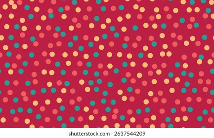 Joyful confettistyle pattern.  Vibrant red background with scattered teal, coral, and peach circles. Perfect for celebratory designs, packaging, textiles, or website backgrounds.