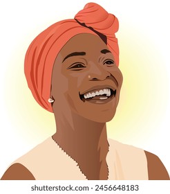 Joyful confident African American black lady white background png eps clipart. Gorgeous laughing head scarf middle aged woman Beautiful turban dark skin girl smile face international woman's right day