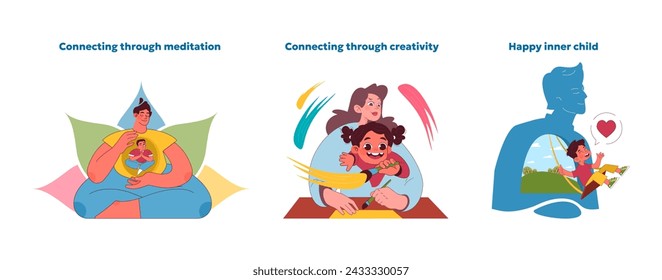 Joyful connections set. Celebrating inner child with meditation, creative bonding, and moments of pure bliss. Journey towards self-fulfillment and emotional liberation. Vector illustration