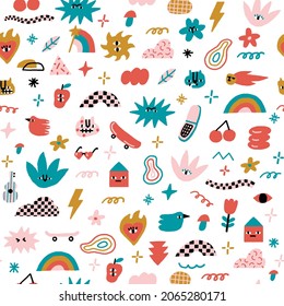 Joyful contemporary pattern with animals, trippy characters and raw shape objects.