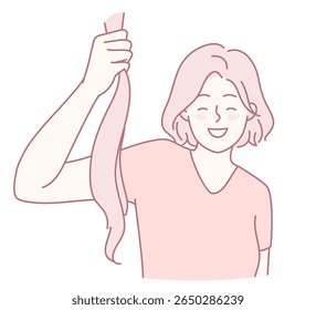 A joyful and content individual proudly displaying a long, beautiful strand of hair, embodying pure joy and creativity