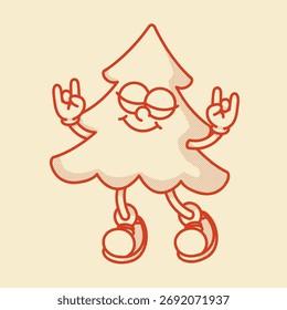 Contorno alegre de la mascota del árbol de Navidad. Diseño festivo dibujado a mano para la marca de vacaciones y celebraciones del Año Nuevo