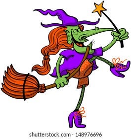 Joyful and cool witch smiling, handling a broomstick and magic wand, singing and walking animatedly while raising alternatively her arms and legs like practicing a dance or choreography