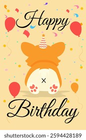 Joyful corgi celebrating with balloons and confetti. Ideal for birthday cards, party invitations, pet events, festive banners, kids’ decor