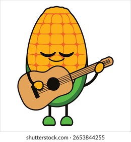 Joyful corn character playing guitar cartoon, Singing vegetable with smiling face. Perfect for music festival merch and farm fresh food branding.