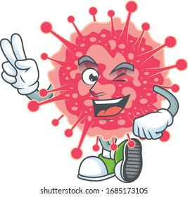 A joyful coronavirus emergency mascot design showing his two fingers