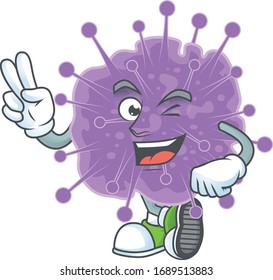 A joyful coronavirus influenza mascot design showing his two fingers