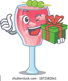 joyful cosmopolitan cockta cartoon character with a big gift box