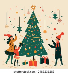 a joyful couple with daughter  excitedly exchange colorful wrapped presents. The minimalist style captures the joy of sharing the holiday season with a loved one, making it a perfect greeting card 