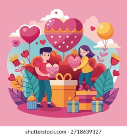 Um casal alegre abraça enquanto cercado por balões em forma de coração, presentes embrulhados e uma grande caixa em forma de coração em uma cena vibrante e cheia de amor. A ilustração caprichosa apresenta elementos românticos como flores, coroas e corações flutuantes, evocando calor, afeto e celebração em um ambiente de cor pastel perfeito para aniversários ou Dia dos Namorados.