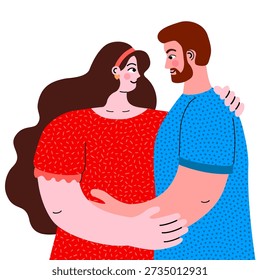 Fröhliches Paar umarmt. Zwei Liebende in den Armen des anderen. Nette Illustration einzeln auf weißem Hintergrund, perfekt für Liebesgrüße, romantische und sentimentale Botschaften und Valentinskarten.