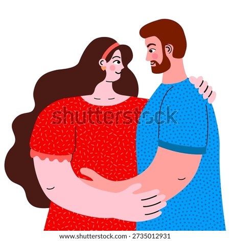 Joyful couple embracing. Two lovers in each other's arms. Cute illustration isolated on a white background, perfect for love greetings, romantic and sentimental messages, and Valentine's cards.