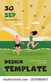 Joyful couple enjoying summer leisure time at sea. Seaside, water, nature, landscape flat vector illustration. Vacation, holiday, fun concept for banner, website design or landing web page