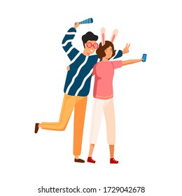 Joyful couple in funny glasses and ears taking selfie together vector flat illustration. Happy man and woman photographing at holiday party isolated on white. Smiling festive people having fun.