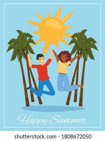 Joyful couple lettering happy summer on poster, fun people at party, outdoor vacation, design cartoon style vector illustration. Beautiful girl, active party, dance on beach people, tropical travel.