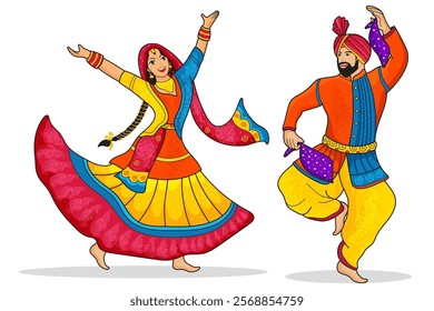 A joyful couple performing the traditional Bhangra dance, dressed in vibrant, colorful attire, celebrating Punjabi culture. The energetic dance is set against a lively, festive backdrop