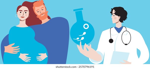 Joyful couple with pregnant woman, in vitro fertilization assisted pregnancy, flat vector stock illustration, family consultation with doctor for IVF